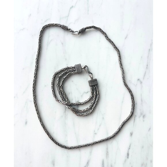 925 Sterling Silver Byzantine Chain Necklace & Multi-Strand Bracelet Set - Picture 1 of 6